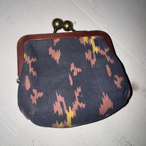 VTG Fossil Kisslock Key-Per Coin Purse Canvas Aztec Leather Accent - Picture 3 of 14